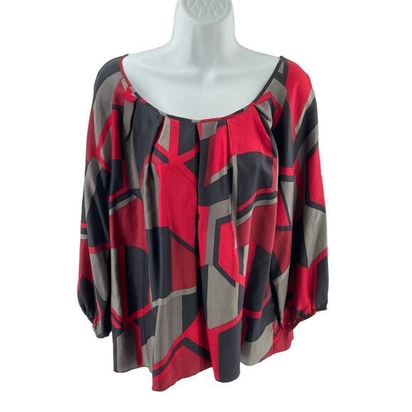 Anne Klein silk top blouse geometric print flowy Large pleated red gray grey bla - Picture 9 of 9